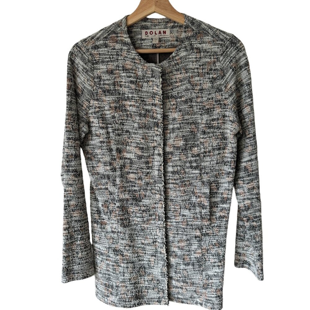 Anthropologie Dolan Sz XS Leopard Longline Tweed Jacket Zip Up Pockets Neutral